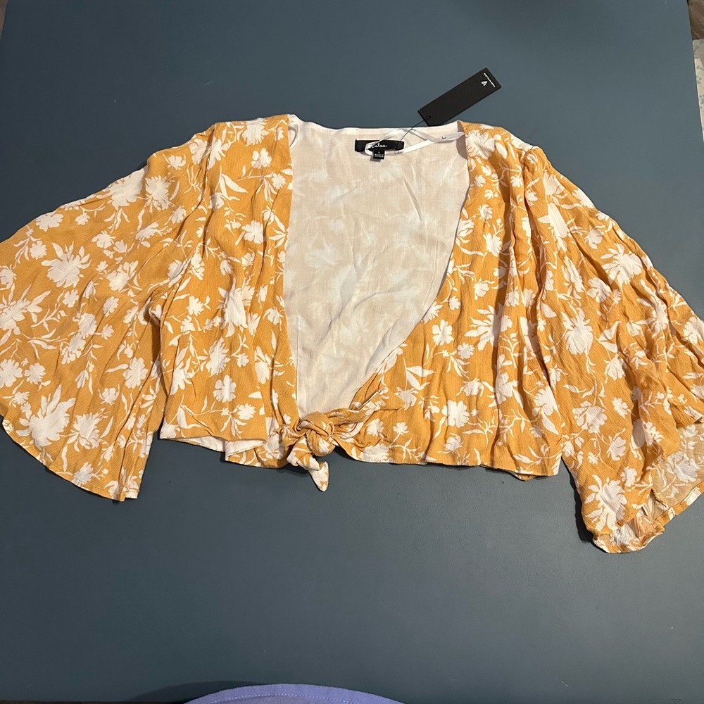 Lulu's Mustard Floral Tie-Front Blouse
